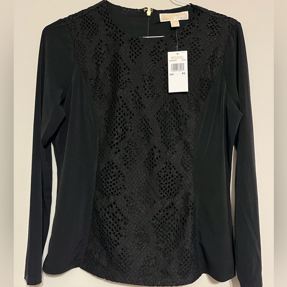 Michael Kors Snakeprint Lace Front Top in Black NWT $125